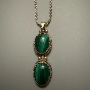 Antique malachite stones in sterling silver setting and nice rope chain sterling